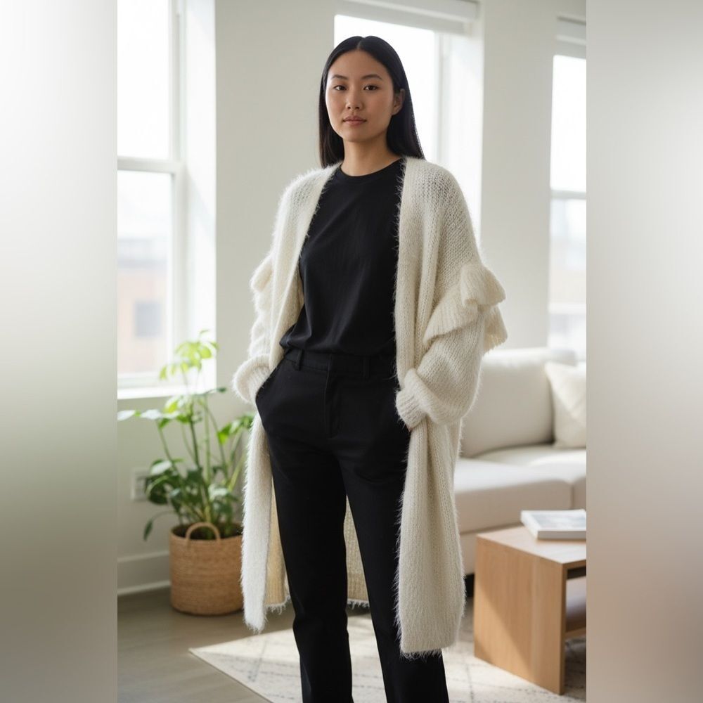 Make + Model Cream Open Front Cardigan Sweater M/L Cozy Longline Knit Neutral